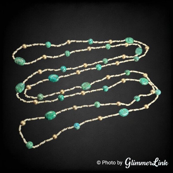 Bohemian Extra Long 84" Green Stone Seed Bead Gold Tone Bead Continuous Necklace - Picture 5 of 13